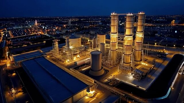 Aerial view of Petroleum Chemical Plant at night, glowing lights, industrial complexity, deep blue sky.