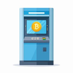 Bitcoin ATM machine with a golden coin on the screen, front view.