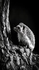 Monochrome Marvel: A Hedgehog Perched on Textured Bark in Striking Contrast