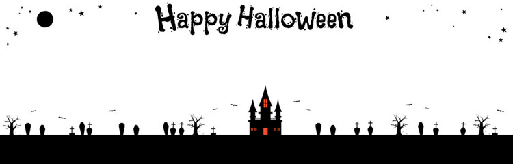 秋　ハロウィン　不気味な館と墓場のフレーム　バナーサイズ　8　文字入り