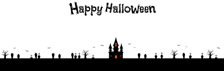 秋　ハロウィン　不気味な館と墓場のフレーム　バナーサイズ　5　文字入り