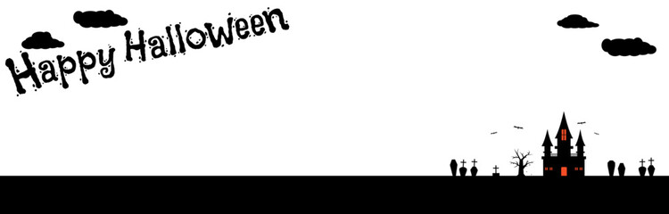 秋　ハロウィン　不気味な館と墓場のフレーム　バナーサイズ　6　文字入り