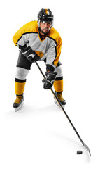 Obraz premium Hockey player top view. Athlete in action. Professional hockey player in the helmet and gloves on white background. Sports emotions. Hockey concept. Isolated