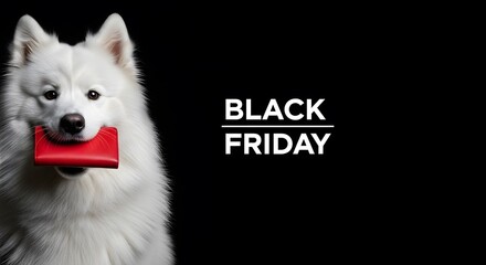 Black friday sale with a dog holding a red wallet