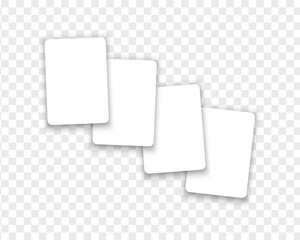 Blank white playing card mockups isolated on transparent background. Playcard templates. Giftcards, discounts or coupons layout. Vector realistic illustration.