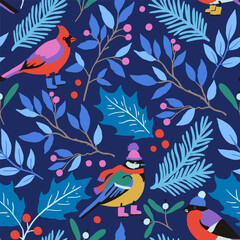 Christmas seamless pattern with cute design elements, Christmas tree toys, winter birds, fir tree and holly. Hand drawn vector illustration for wrapping paper and greeting cards