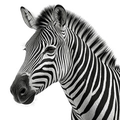 Striking portrait of a zebra's head, showcasing intricate black and white stripes