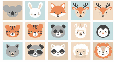 Fototapeta premium Cute cartoon animal faces including panda, koala, fox, deer, and penguin, presented in a playful, colorful vector illustration on a light background.