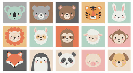 A charming vector illustration featuring a collection of adorable animal faces, perfect for children's designs, educational materials, and playful graphic projects with a vibrant color palette.