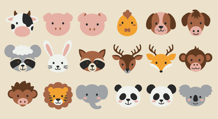 Obraz premium A collection of adorable cartoon animal faces, perfect for children's designs, featuring a variety of cute creatures in a charming, flat vector style, ideal for educational or playful projects.