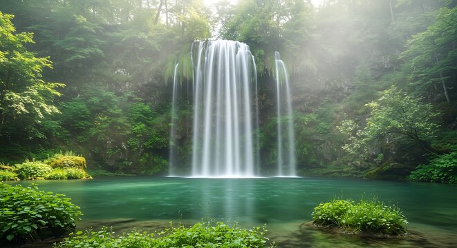 Scenic waterfall cascading into turquoise pool in lush forest setting
