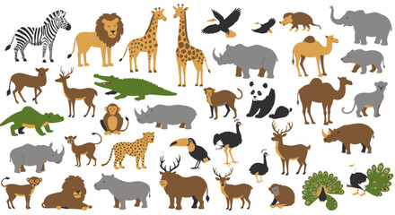 Fototapeta premium A vibrant vector illustration showcases a diverse collection of wild animals, including a panda, presented in a flat, colorful style, perfect for educational and design projects.