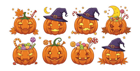 Fototapeta premium Adorable Halloween Pumpkins with Candy and Witch Hats Vector Illustration