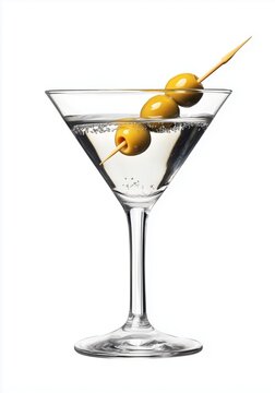 A martini glass filled wit clear liquid and three olves on a skewer isolated o white background