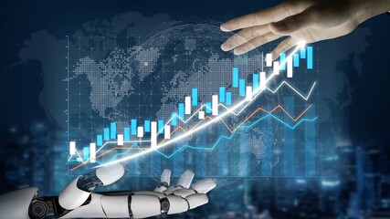 Human hand and robotic arm interact above a financial growth graph, illustrating the blend of technology and finance in a digital world. Copula - Powered by Adobe