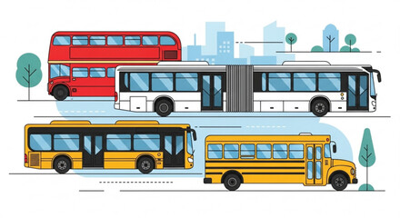 Illustration depicting a variety of buses including a double decker, articulated and school bus types
