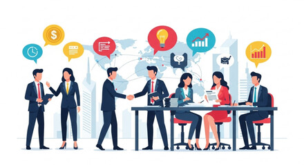 Business people discussing ideas and shaking hands in a global business meeting environment setting