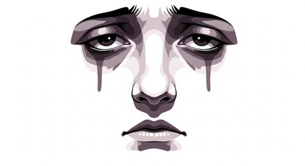 Illustration of a stylized face with dark circles and tear streaks in grayscale tones on white background