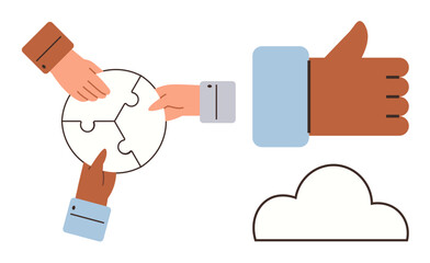 Fototapeta na wymiar Three hands assembling puzzle pieces symbolizing collaboration, thumbs-up for approval and positivity, and cloud shape representing abstract ideas thumbs up cloud storage and innovation. Ideal
