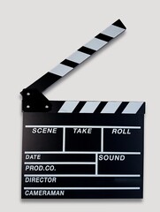 Obraz premium Film Clapperboard on Light Gray Background – Movie Production and Cinema