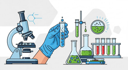 Illustration of a laboratory setup with a microscope, test tubes, flasks, and a gloved hand holding a tube