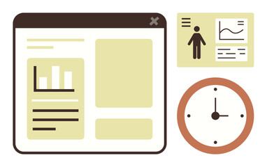 Data dashboard displaying bar graph, user profile, and time management with additional metrics. Ideal for productivity, analytics, planning, performance, workflow business growth. Simple flat