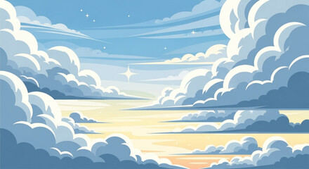 Illustration of a serene sky filled with fluffy clouds and twinkling stars creating a peaceful atmosphere