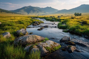 Fototapeta premium Stream flowing through a grassy meadow, mountains in the background