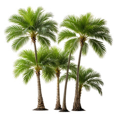 Fototapeta premium Several lush palm trees, isolated against a black backdrop, leaves are green, trunks brown