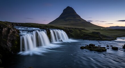 Scenic waterfall flowing into a river at the foot of a mountain under dusk sky