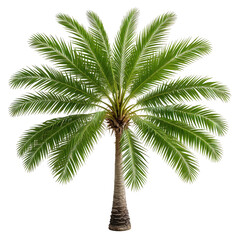 Isolated green palm tree with lush leaves and brown trunk, cut out on black