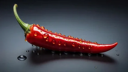 Plexiglas schilderij Hete pepers Vibrant red chili pepper rests on a slick, dark background, showcasing fresh cooking ingredient. Glossy texture and dramatic lighting evoke freshness, spice, and bold culinary appeal  © AntokSena