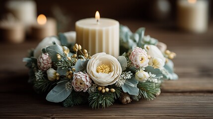 A cozy arrangement of candles surrounded by decorative greenery.