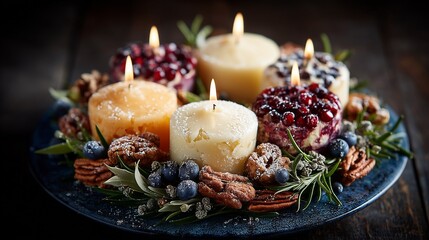 Colorful holiday wreath with candles and decorative elements.