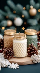 Three beautifully arranged scented candles with festive decorations.