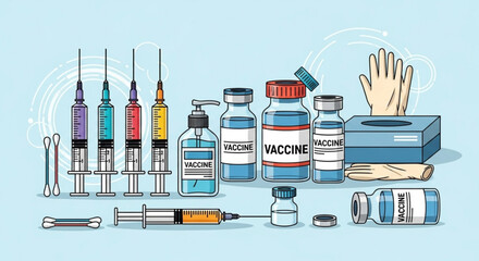 Illustration depicting various medical supplies including syringes vials and protective gear on light blue