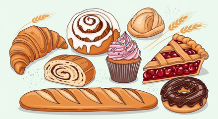 Illustration showing an assortment of baked goods including bread pie donut croissant and cupcake