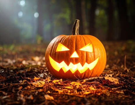 Jack-o'-lantern in autumn forest