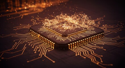 Close up of a cpu chip with intricate circuits and glowing digital overlay