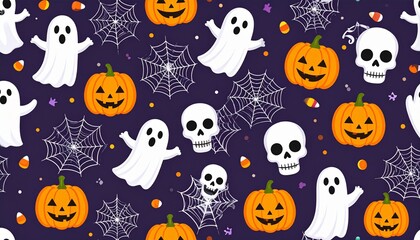 Fototapeta premium Halloween Pattern with Pumpkins, Ghosts, Skulls and Spiderwebs on Dark Purple