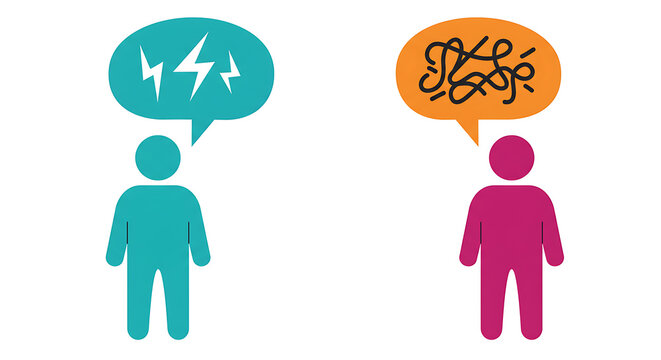 Communication breakdown concept: Two figures with conflicting thoughts, one angry, one confused. Misunderstanding and differing ideas.