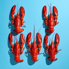 Red lobsters neatly arranged on a light blue background