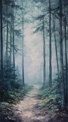 Fototapeta premium A painting of a forest path with trees on either side