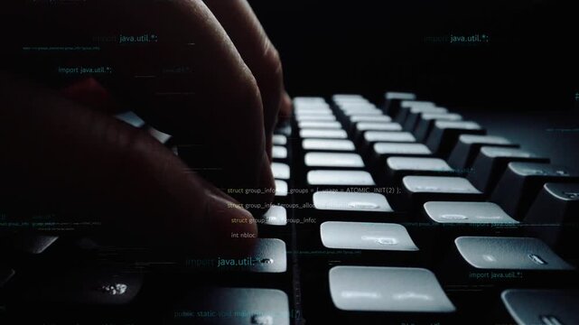 A close-up view showcasing a hand typing on a computer keyboard, surrounded by floating digital code and data in a dark, atmospheric setting, enhancing a futuristic vibe. Xenic