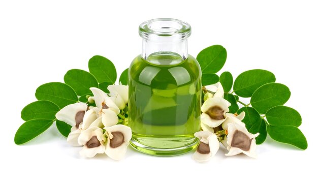 Green oil in bottle with moringa