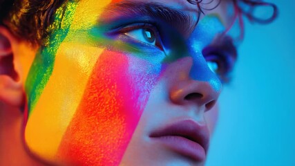 Man with vibrant rainbow colors over face for artistic effect - Powered by Adobe