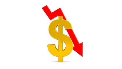 Obraz premium Gold dollar symbol with a red downward trend