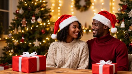 A warm, intimate Christmas moment between a joyful African American couple seated closely together. Christmas, Christmas Tree, Merry Christmas, Christmas Background, Christmas Lights