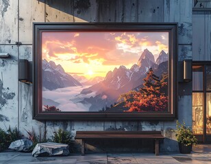 Mountain sunset landscape displayed on a billboard outside a building