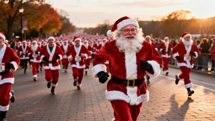 A joyful Santa Claus leading a massive crowd of runners dressed as Santa in a lively outdoor charity race at golden hour. Christmas, Christmas Tree, Merry Christmas, Christmas Background